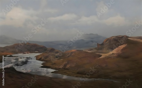 Illustration of a flowing river through hills on a cloudy day