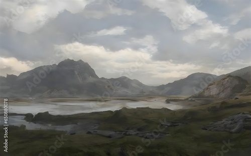 Illustration of a flowing river with mountains in the background on a cloudy day