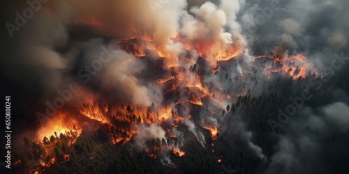 Aerial View Captures the Devastation of a Forest Fire, Illustrating the Environmental Disaster with Billowing Smoke and Roaring Flames, Signifying the Urgency of Disaster Managemen