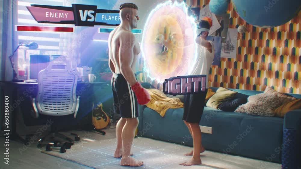 Teenager in VR headset plays online augmented reality video game at ...