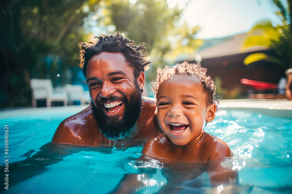 Afroca American father in a swimming pool with his young toddler son. Moment of joy, laughter, and candid moments, celebrating summer and happy parenthood