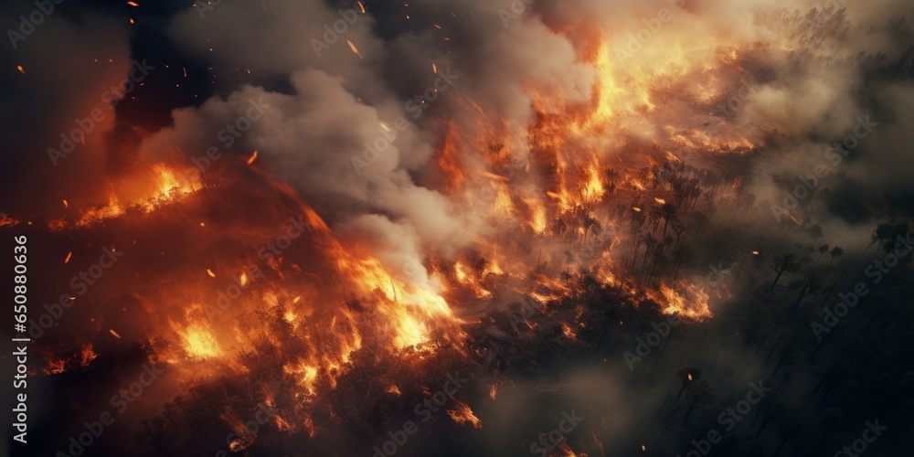 Aerial View Captures the Devastation of a Forest Fire, Illustrating the Environmental Disaster with Billowing Smoke and Roaring Flames, Signifying the Urgency of Disaster Managemen