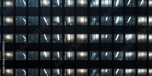 Skyscraper with a continuous facade, blue tinted windows at night, and blinds during the day. Background texture of a contemporary abstract office structure, including bright lights. photo