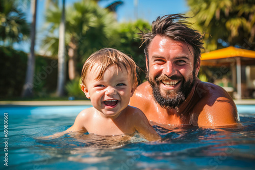 Father in a swimming pool with his young toddler son. Moment of joy, laughter, and candid moments, celebrating summer and happy parenthood