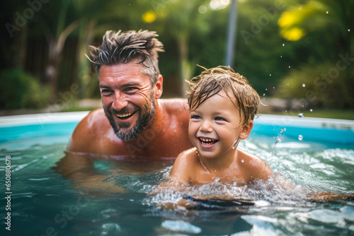 Father in a swimming pool with his young toddler son. Moment of joy, laughter, and candid moments, celebrating summer and happy parenthood © MVProductions