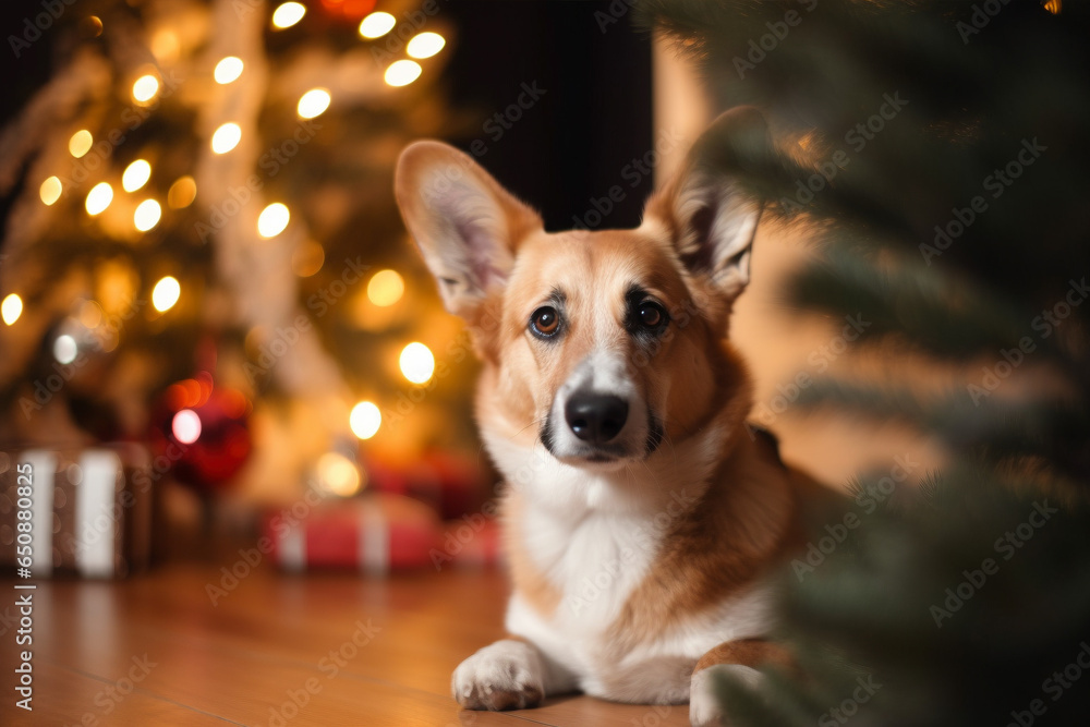 Corgi dog lying down in front of Christmas tree. Corgi dog lying down in front of Christmas tree.