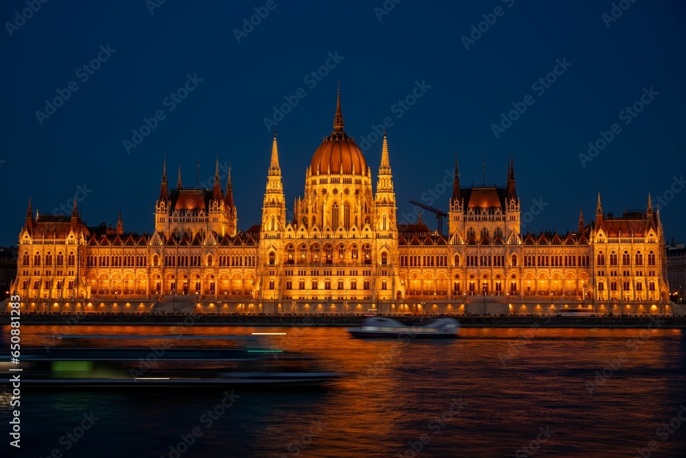 Fototapeta premium Hungarian National Parliament building in Budapest, Hungary, during twilight