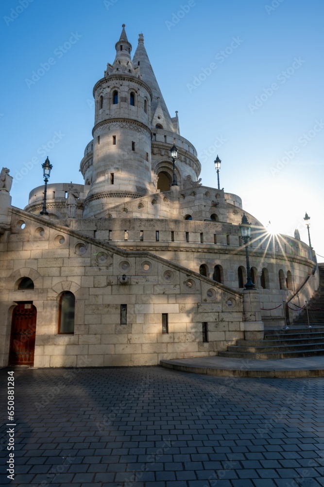 Fisherman's Bastion in Budapest, Hungary, with a stunning view against a blue sky