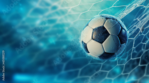 soccer ball in goal net with soft blue background.generative ai