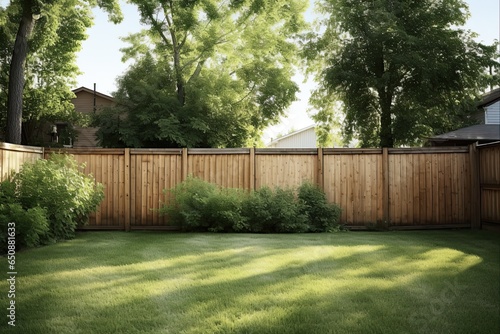 Sunny Summer Days in Your Backyard: A Beautiful Green Fence and Wood Bar-B-Q overlooking the Grass © AIGen