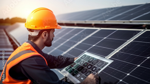 Solar energy worker or engineer with his tablet computer checking of new solar power plant.generative ai