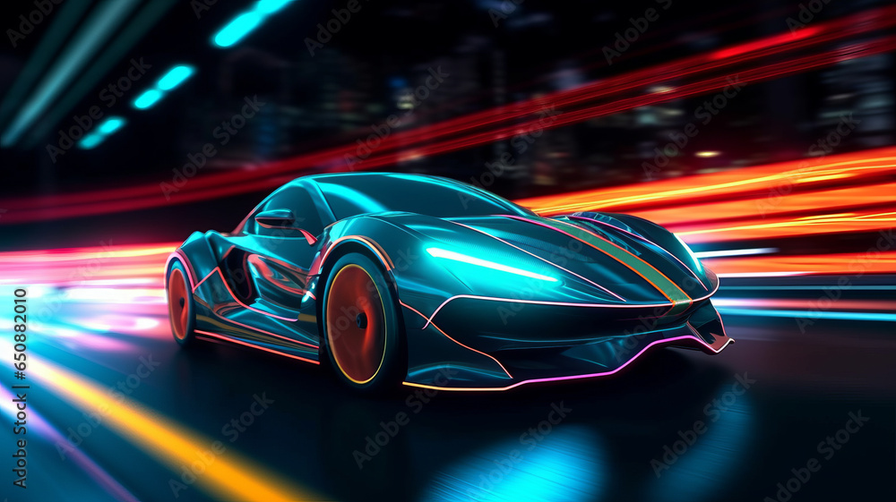 view of Sports Car On Neon Highway. Powerful acceleration of a supercar on a black night.generative ai