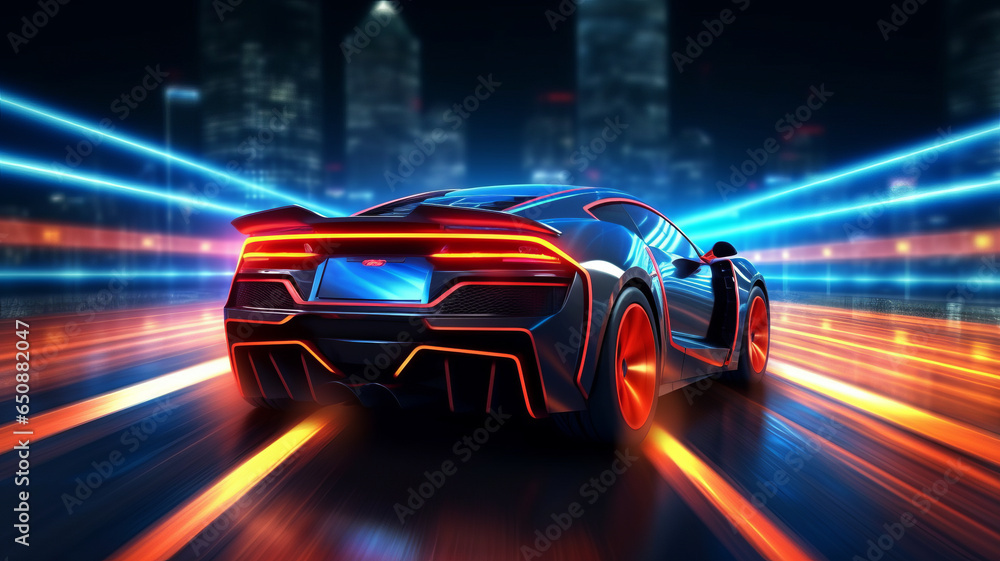 view of Sports Car On Neon Highway. Powerful acceleration of a supercar on a black night.generative ai