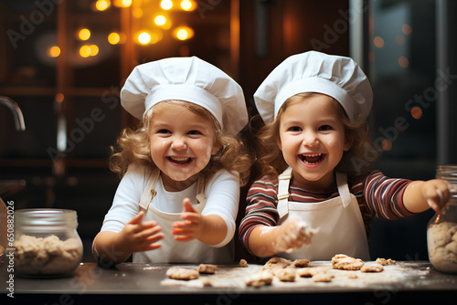 happy family funny kids bake cookies in kitchen