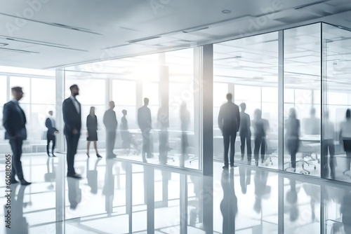 blurred business people in white glass office background, Generative AI