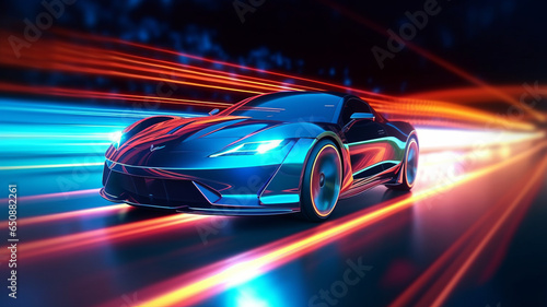 view of Sports Car On Neon Highway. Powerful acceleration of a supercar on a black night. © LomaPari2021