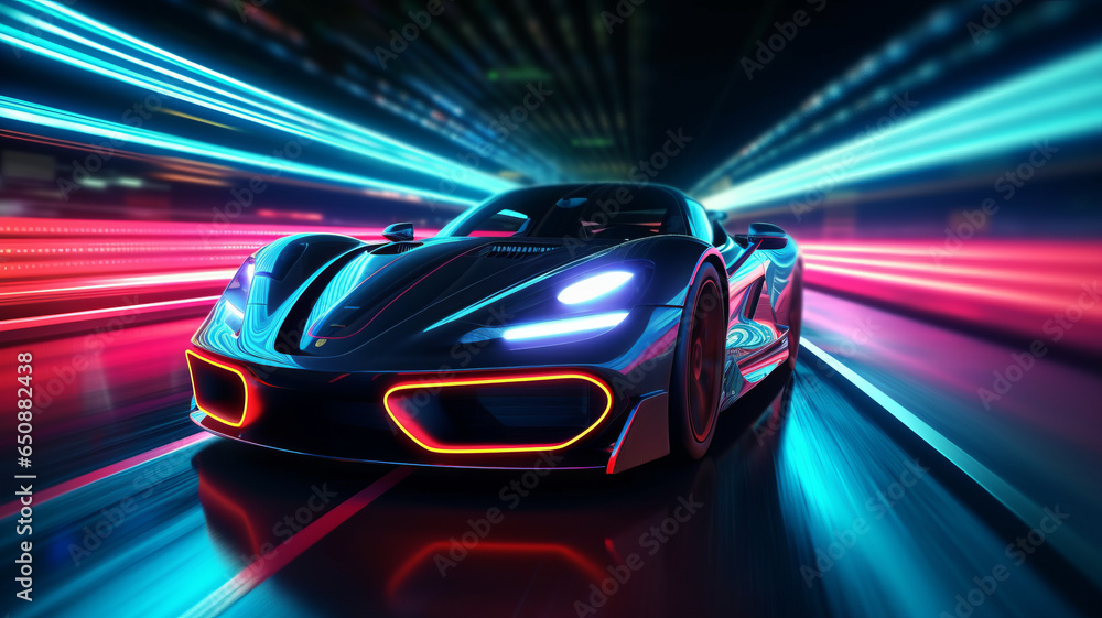 view of Sports Car On Neon Highway. Powerful acceleration of a supercar on a black night.