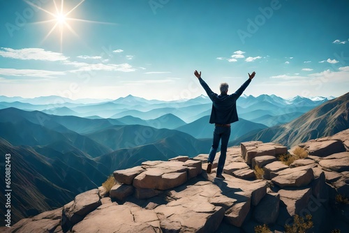 Positive man celebrating on mountain top, with arms raised up, Generative AI illustration