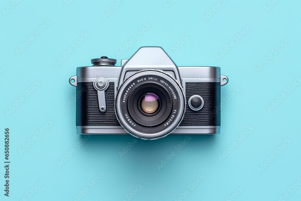 World Photography Day camera on blue background top view World Photography Day camera on blue background top view