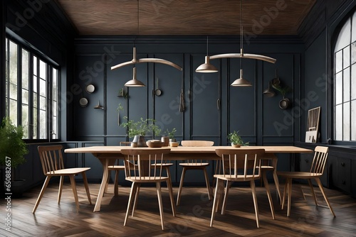 large kitchen room with modern interior design with wood table and chairs for home against the background a dark classic wall  Generative AI 