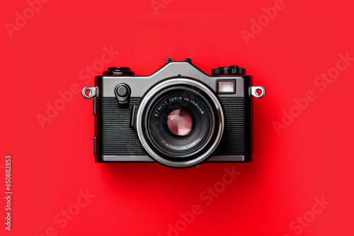 World Photography Day camera on red background top view