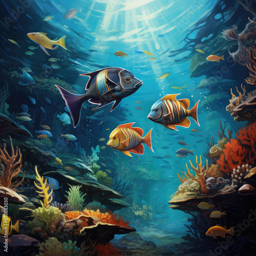 Underwater Scene With Coral Reef And Exotic Fishes Generative AI technology,