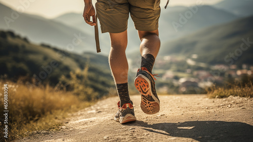 A man, wearing sports shoes and carrying a backpack, dashes along a mountain trail with determination