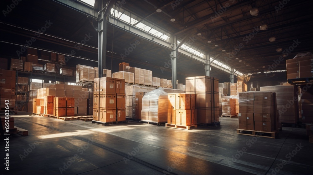 A warehouse full of boxes and pallets. A warehouse full of boxes and pallets.