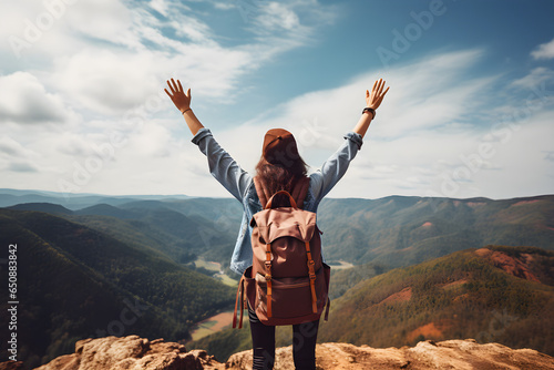 Woman with backpack raising arms up on the top of the mountain - Successful hiker enjoying freedom on scenic nature panorama - Extreme sport life style
