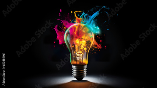 A burst of colorful paint and splatters emanate from a creative light bulb against a black background, embodying the concept of thinking differently and fostering creative ideas