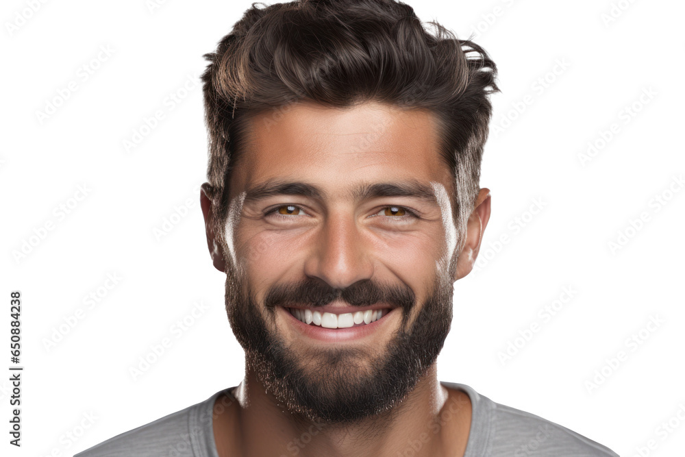 Fototapeta premium Smiling Man with Pristine Teeth: Dental Ad Showcase of Stylish Hair, Beard, and Strong Jawline, Isolated on White.
