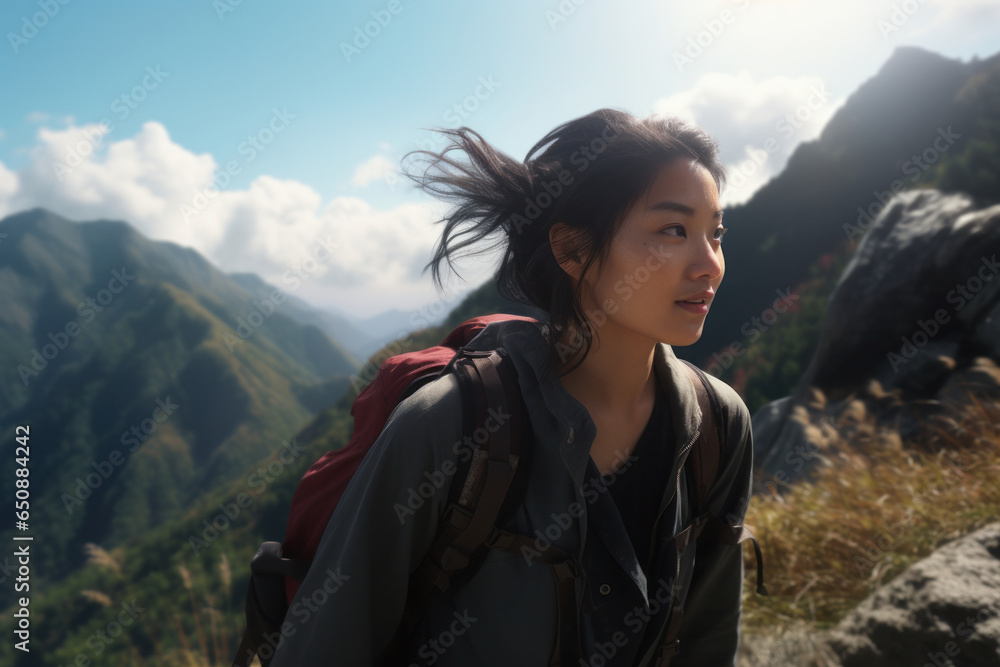 Asian Adventurer: Woman Hiking Amidst Mountainous Terrain on a Bright, Windy Day.