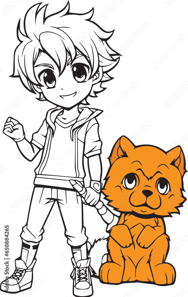 Kid Coloring book character of anime boy with dog, 100 editable and