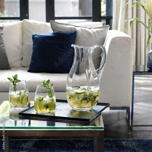 Tray with glass jar and glasses with fresh homemade lemon juice in living room interior photo
