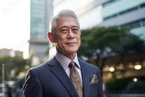 Confident Mature Asian Businessman in Elegant Suit Standing on Street of Downtown