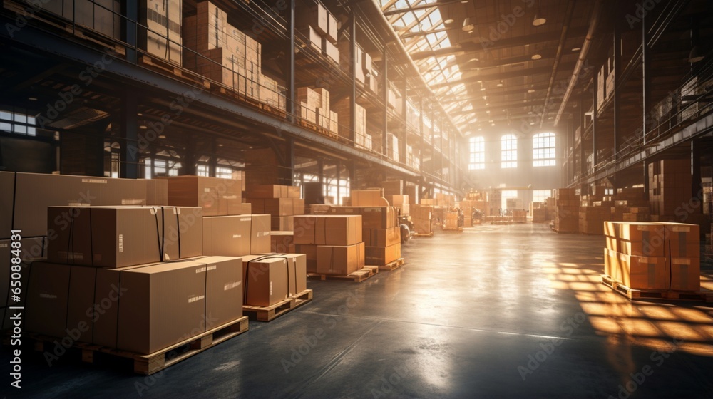 A warehouse full of boxes and pallets. A warehouse full of boxes and pallets.