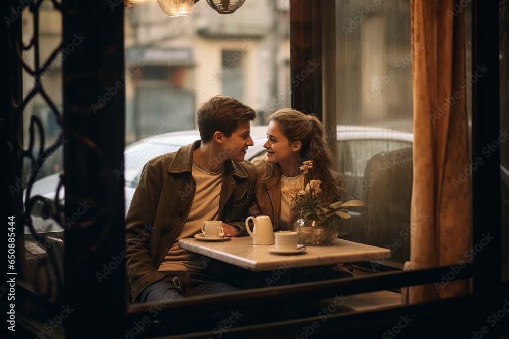 young couple sitting in a restaurant behind the window young couple sitting in a restaurant behind the window
