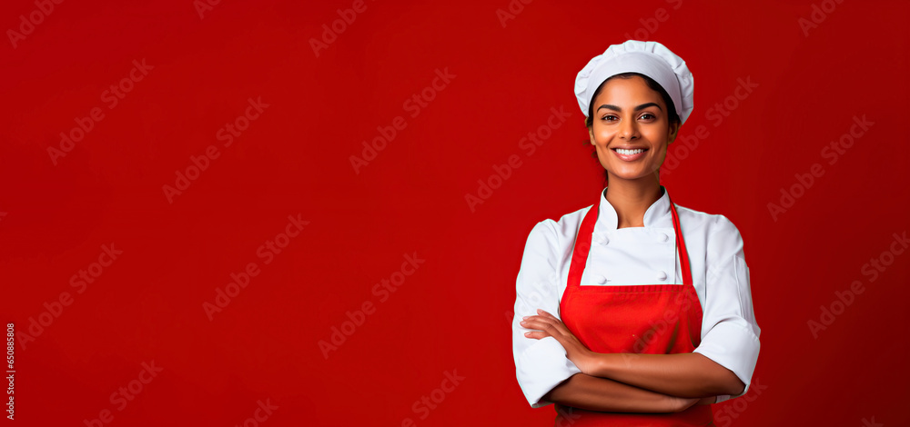 smiling indian female chef isolated on solid red background - obrazy, fototapety, plakaty 