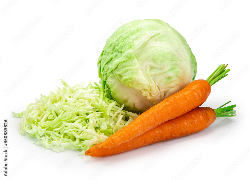 cabbage and carrots isolated on white background