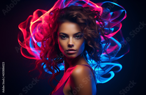 A stylish lady with vibrant multitude of neon purple pink color fashion accessories, takes center stage in a close-up portrait against a lively background. Generative AI.