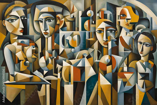 cubist style abstract painting of a group of women workers in geometric shapes