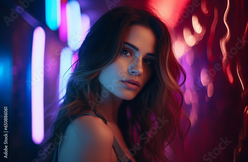 A stylish lady with vibrant multitude of neon purple pink color fashion accessories  takes center stage in a close-up portrait against a lively background. Generative AI.