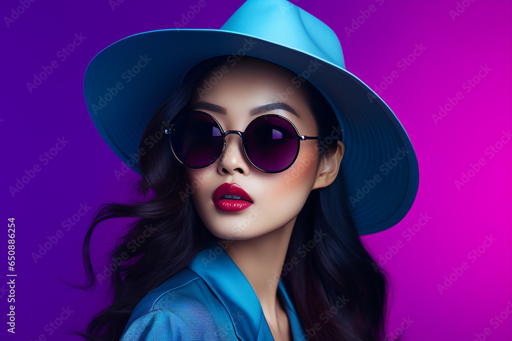 A stylish lady with vibrant multitude of neon purple pink color fashion accessories, takes center stage in a close-up portrait against a lively background. Generative AI. A stylish lady with vibrant multitude of neon purple pink color fashion accessories, takes center stage in a close-up portrait against a lively background. Generative AI.