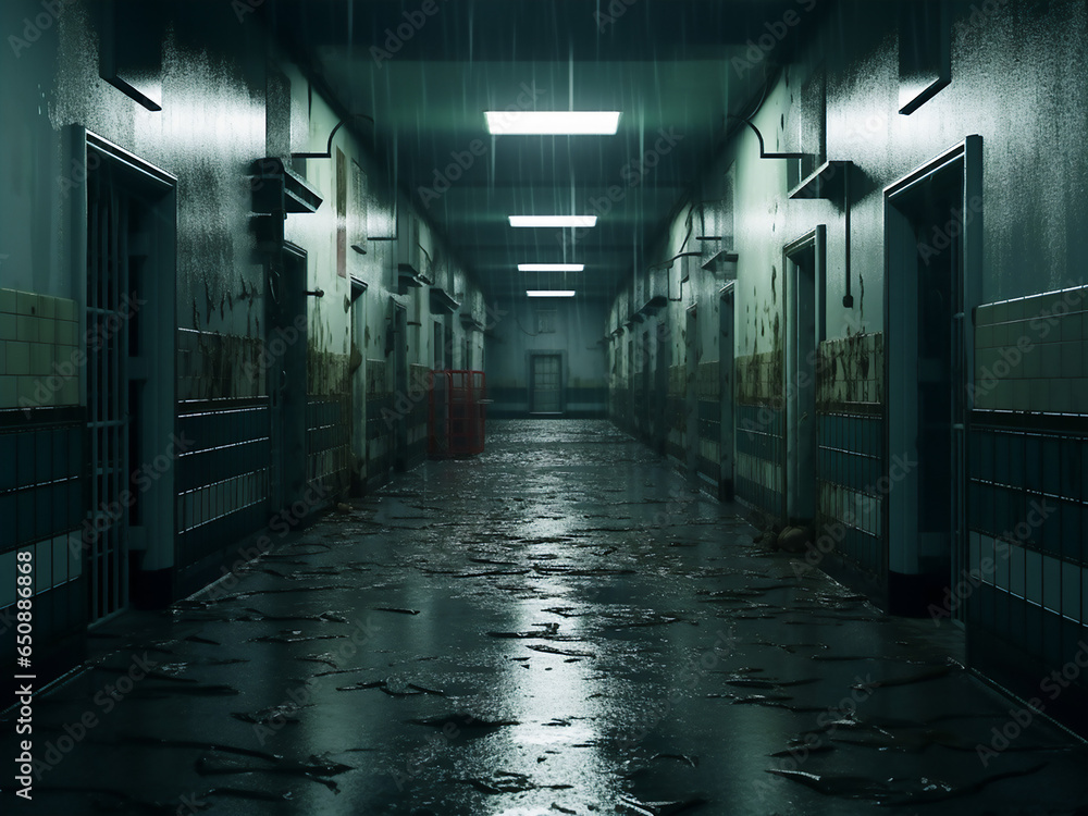 Journey through the macabre world of a spooky hospital. AI Generation.