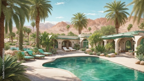 A serene desert oasis with palm trees and a spa