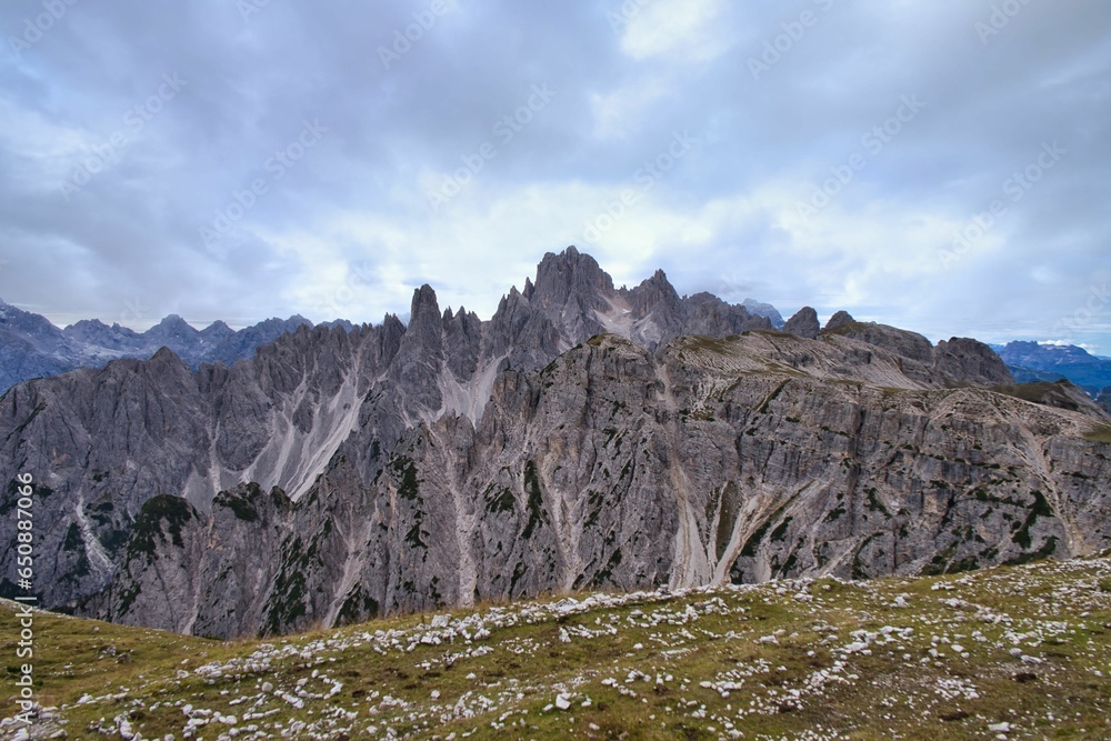 Mesmerizing landscape under a gloomy sky in the Dolomites Alps, Italy