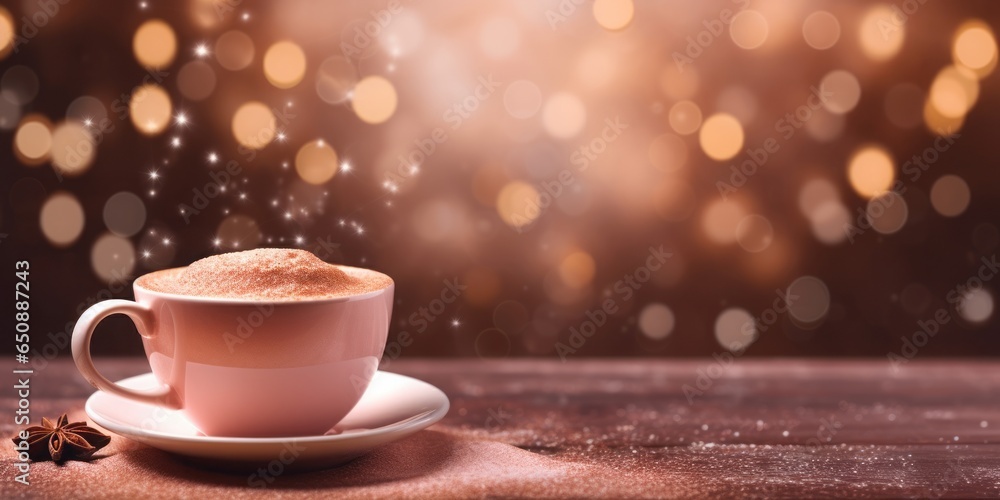 Fototapeta premium Steaming Hot Chocolate Mug with a Spiced Cover on a Cozy Winter Night, Embracing the Comfort and Warmth of Christmas in Every Aromatic Sip