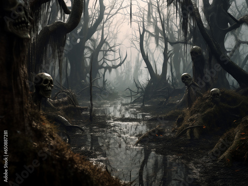 Enigmatic Halloween swamp, a haunting Halloween celebrate. AI Generation. © Llama-World-studio