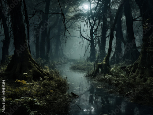 Spooky Halloween swamp, a bone-chilling Halloween celebration. AI Generation. © Llama-World-studio