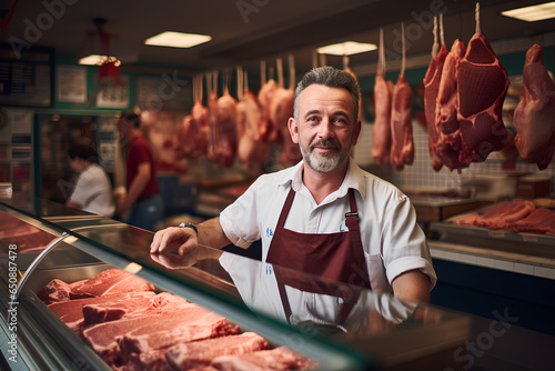 Man standing in front of shelves with raw meat. Male butcher or shopkeeper working in modern meathsop.